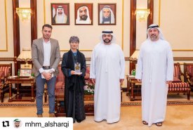 Mohammed Al Sharqi meets with student Mona Wang Yue, affiliated with the Fujairah Academy of Fine Arts, who won second place in the seventh annual art exhibition at Al Qasimia University, entitled “Artistic Radiances,” in the Arabic Calligraphy category.